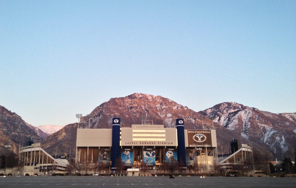 Lavell Edwards Stadium with mountains in the background